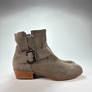 14th & Union Stone Grey Suede Ankle Boot Gun Metal Buckle Strap Women's Size 7.5